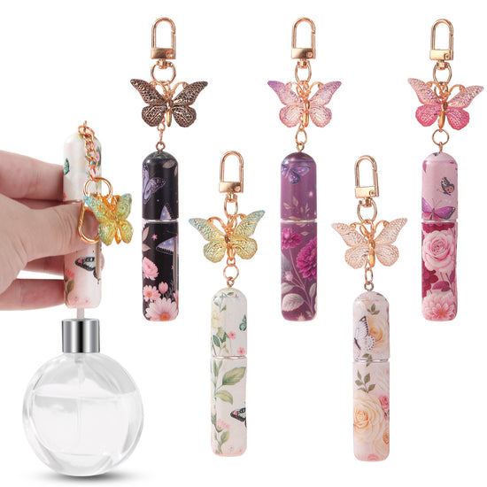 Random Color 3 Pcs Portable 5ml Perfume Atomiser Keychain - Refillable Floral Spray Bottle with Butterfly Charm for Travel & Handbag