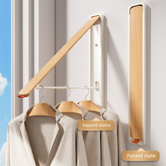 2 Pack White and Brown Wall Mounted Foldable Clothes Hanger Rack - Retractable Space Aluminium Drying Airer for Laundry & Balcony - Screw Mount Hardware Included