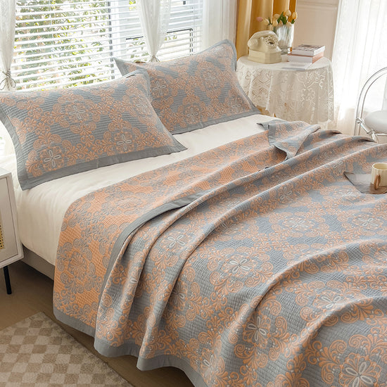 Grey and Orange Cotton Three-Layer Gauze Bed Cover Set - Reversible Vintage Printed Blanket with Two Pillowcases for Year-Round Use(120*150cm)