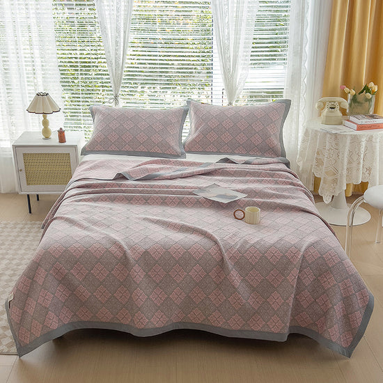 Grey and Pink Cotton Three-Layer Gauze Bed Cover Set - Reversible Vintage Printed Blanket with Two Pillowcases for Year-Round Use(120*150cm)