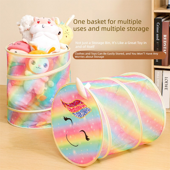 2 Pcs Cute Unicorn Design Foldable Mesh Storage Basket – Rainbow-Colored Toy Organizer for Plushies, Dolls & Kids&