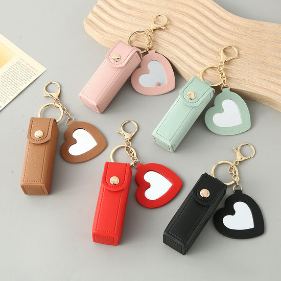 Green Portable Lipstick Case with Heart Mirror & Keychain – Cute PU Leather Holder (3-Pack)