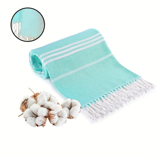 Blue Chic Striped 100% Cotton Beach Towel with Tassels - Extra Large & Absorbent (180x90cm)