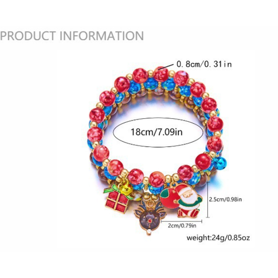(12-Pack) Festive Christmas Beaded Charm Bracelet Set- Santa, Snowman & Reindeer Jewelry