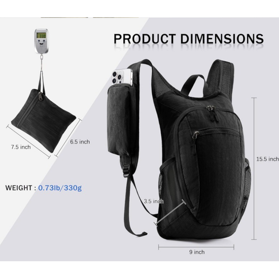 Black Ultra-Lightweight Packable Backpack (10L) - Foldable Daypack for Travel, Hiking & Sports