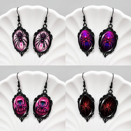 (Assorted 4-Pair Set) Gothic Spider Dangle Earrings - Vintage Black Frame Halloween Jewelry