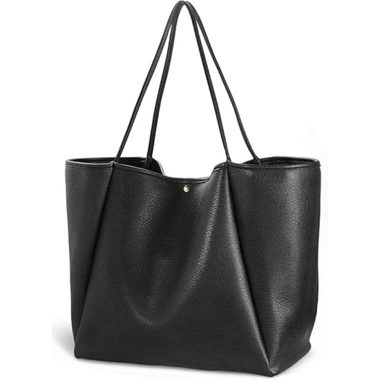 Black Classic Oversized Tote Bag - Soft Faux Leather Shoulder Purse for Work, Travel & Everyday Use