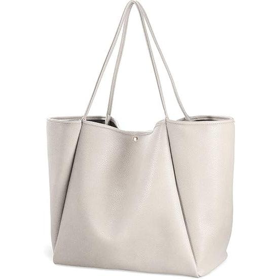 Beige Classic Oversized Tote Bag - Soft Faux Leather Shoulder Purse for Work, Travel & Everyday Use