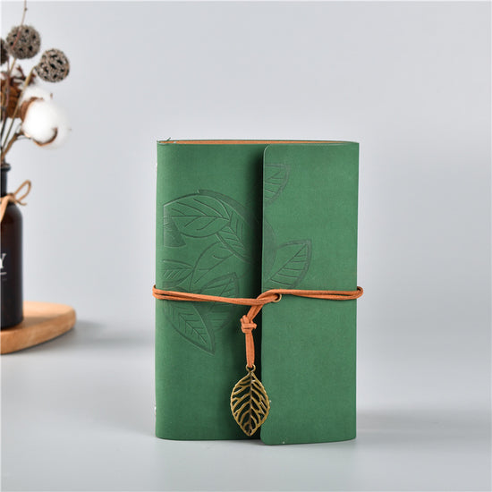 2PCS Green Vintage A5 PU Leather Journal with Leaf Charm - Ring Bound Refillable Notebook Set