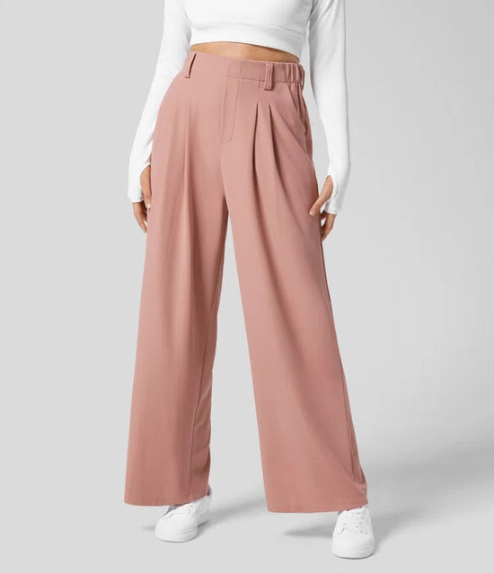 M Pink Drapey High-Waist Wide-Leg Trousers - Loose Fit Casual Long Pants for Women