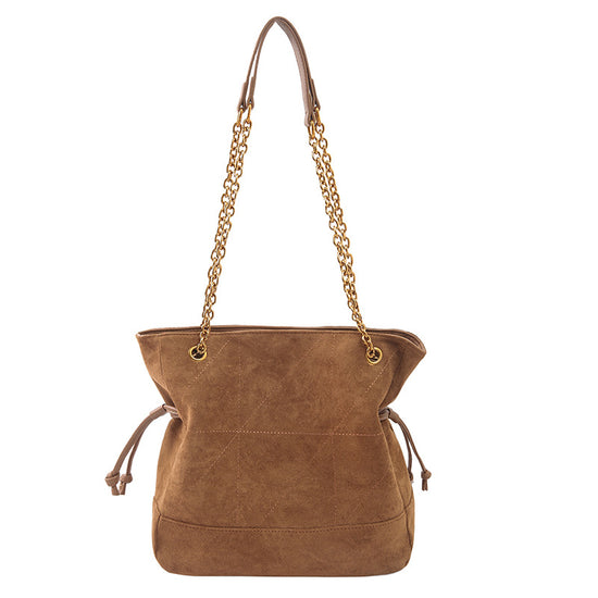 Brown Chic Suede Hobo Bag for Women - Versatile Tote with Drawstring, Large Capacity Commuter Bucket Bag
