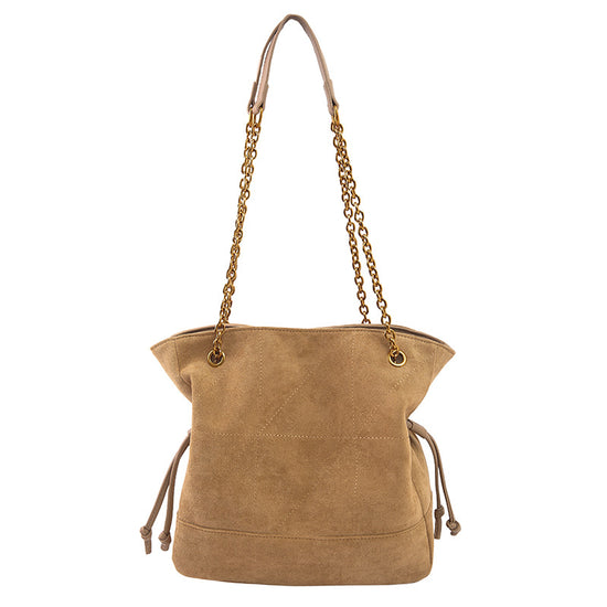 Khaki Chic Suede Hobo Bag for Women - Versatile Tote with Drawstring, Large Capacity Commuter Bucket Bag