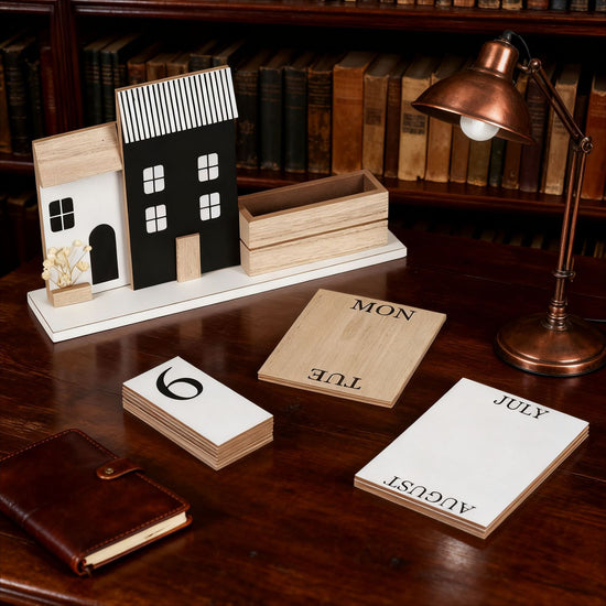European Vintage House Perpetual Calendar - Wooden Home Decor Office Desk Calendar & Festive Gift