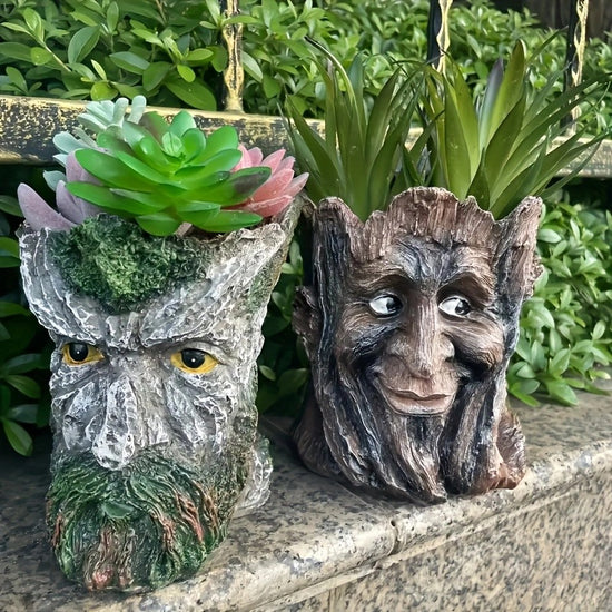 Resin Tree Stump Old Man Head Planter - Home & Garden Decor, Outdoor Pot Ornament