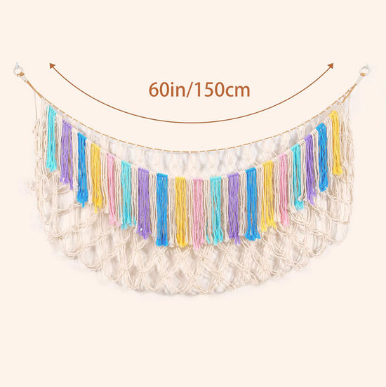 Multicolor Hand-Woven Cotton Rope Plush Toy Hammock - Wall Organizer with Tassels, Decorative Toy Net (150 x 40cm)