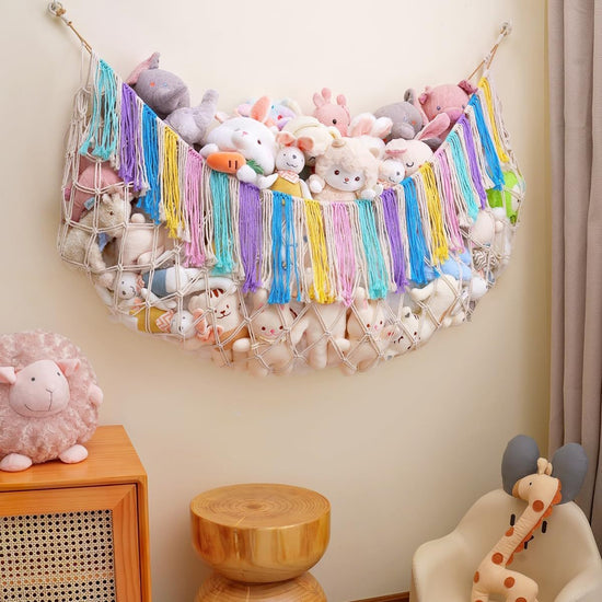 White Hand-Woven Cotton Rope Plush Toy Hammock - Wall Organizer with Tassels, Decorative Toy Net (150 x 40cm)