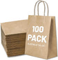 Gift Bags 8.25"X5.9 "X3.15" 100pcs Brown Kraft Paper Bag with Handles for Small Business Christmas Bulk, Wedding, Party Favor, Shopping, Lunch, Halloween Trick-or-Treat Bags