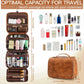 Brown Large Hanging Toiletry Bag Waterproof Leather Travel Organiser 4 Compartment Cosmetic Case with Swivel Hook Ideal for Holidays