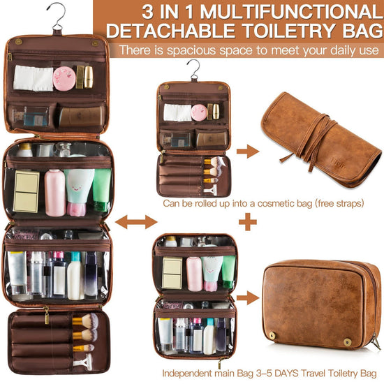 Black Large Hanging Toiletry Bag Waterproof Leather Travel Organiser 4 Compartment Cosmetic Case with Swivel Hook Ideal for Holidays