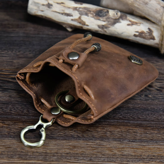 Light Brown Vintage Crazy Horse Leather Coin Purse Handmade Drawstring Pouch with Belt Clip Small Storage Bag for Coins Keys and Dice EDC