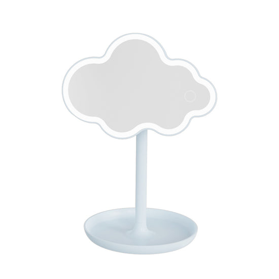 Blue Cute Cloud Shaped LED Makeup Mirror Desktop Vanity Light with Storage Tray 360 Rotation Cordless Cosmetic Beauty Tool