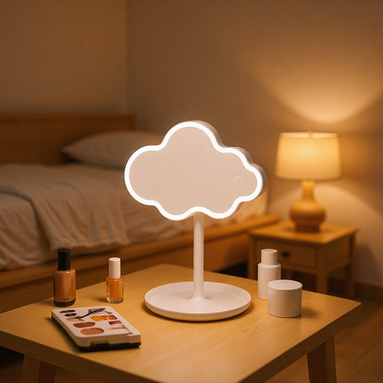 Blue Cute Cloud Shaped LED Makeup Mirror Desktop Vanity Light with Storage Tray 360 Rotation Cordless Cosmetic Beauty Tool