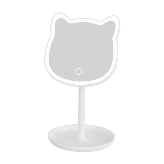 Cute Cat Ear LED Makeup Mirror Desktop Vanity Light with Storage Tray Adjustable Angle Cordless Cosmetic Beauty Tool for Teens