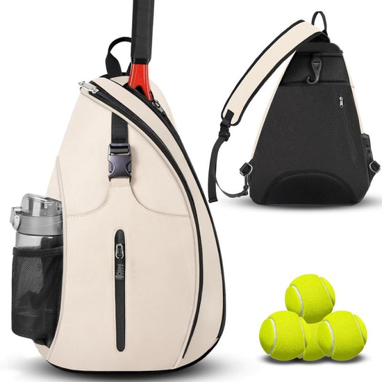 Beige Tennis Sling Bag Badminton Backpack Crossbody Racket Holder for Pickleball Squash Sports Travel with Water Bottle Pocket