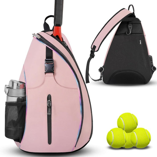 Pink Tennis Sling Bag Badminton Backpack Crossbody Racket Holder for Pickleball Squash Sports Travel with Water Bottle Pocket