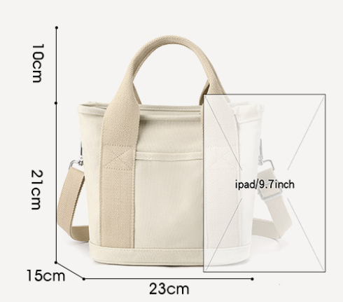 Beige Small Canvas Tote Bag Crossbody Lunch Handbag with Adjustable Strap Fits 9.7 Inch Tablet for Women Daily Work and Travel