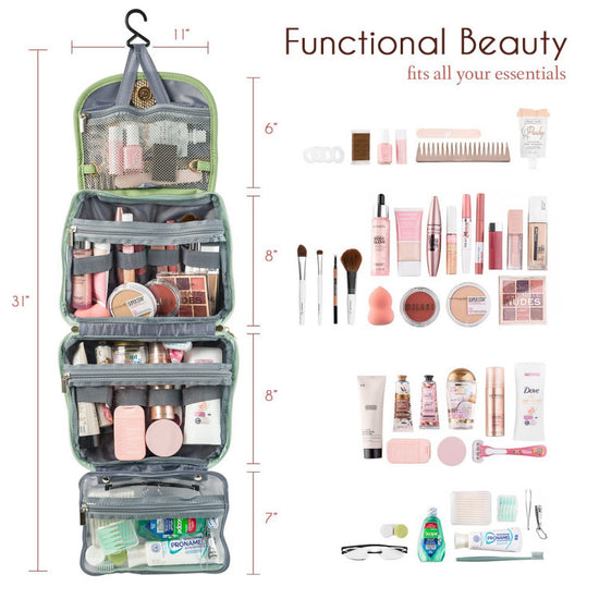 Green Large Hanging Toiletry Bag Waterproof Travel Cosmetic Organiser with Sturdy Hook 4 Compartments Makeup Wash Case for Women and Men