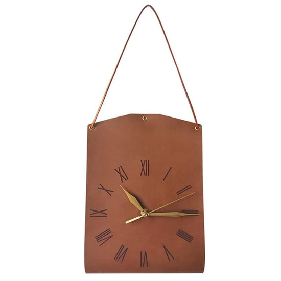 Dark Brown Nordic Style PU Leather Hanging Wall Clock Vintage Industrial Design with Roman Numerals Creative Art Timepiece for Cafe Living Room and Office