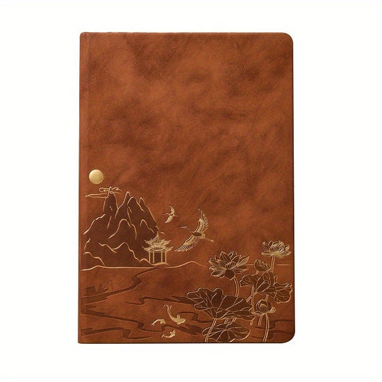 Brown A5 Premium Notebook Gift Set with Pen - Red PU Leather Journal with Gold Oriental Art - 200 Pages Business Diary & Corporate Gift Box (Lotus & Crane Design)