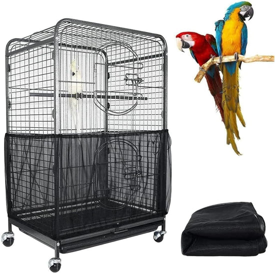 XXL Black【Height 40, Circumference 220】 Large Bird Cage Seed Catcher Net Cover - Adjustable Mesh Guard Splash-Proof Dust Cover for Indoor Outdoor Cages
