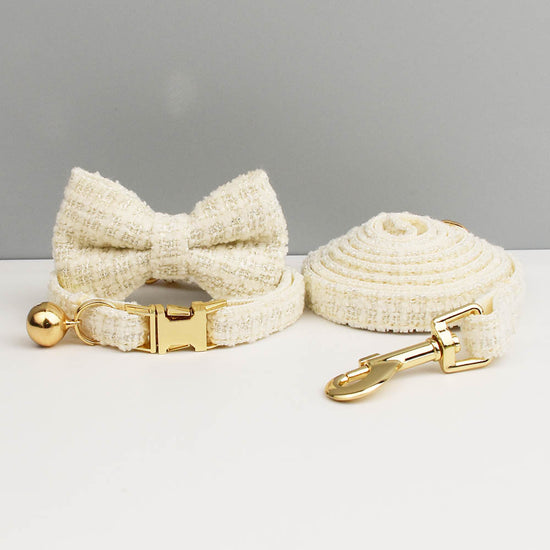 L White 3 Piece Luxury Tweed Cat Collar and Leash Set with Removable Bow Tie & Bell Adjustable Neck Strap for Kittens Small Dogs Elegant Walking Gear