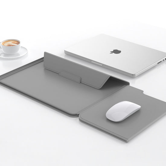 3-in-1 Detachable PU Leather Laptop Sleeve with Ergonomic Stand & Mouse Pad(grey  13/14 inch)