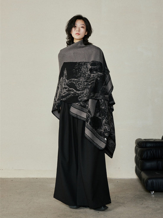 Faux Cashmere Shawl (Qingming Scroll Print) - Orange Blue, 160*135cm
