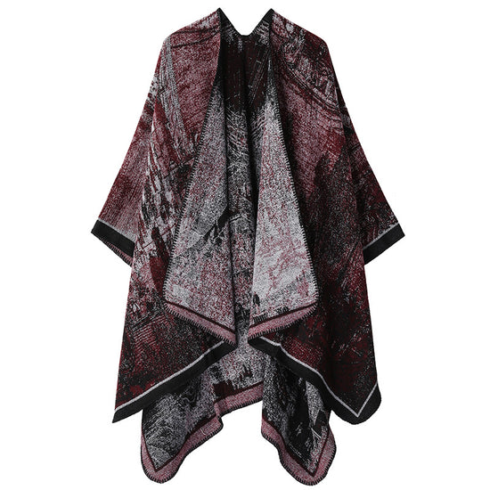 Faux Cashmere Shawl (Qingming Scroll Print) - Black Red, 160*135cm