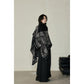 Faux Cashmere Shawl (Qingming Scroll Print) - Black Red, 160*135cm