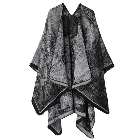 Faux Cashmere Shawl (Qingming Scroll Print) - Black Gray, 160*135cm