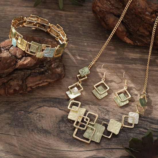 Geometric Inlay Earrings Necklace Bracelet Jewelry Set × 2 – Light Green & Brown
