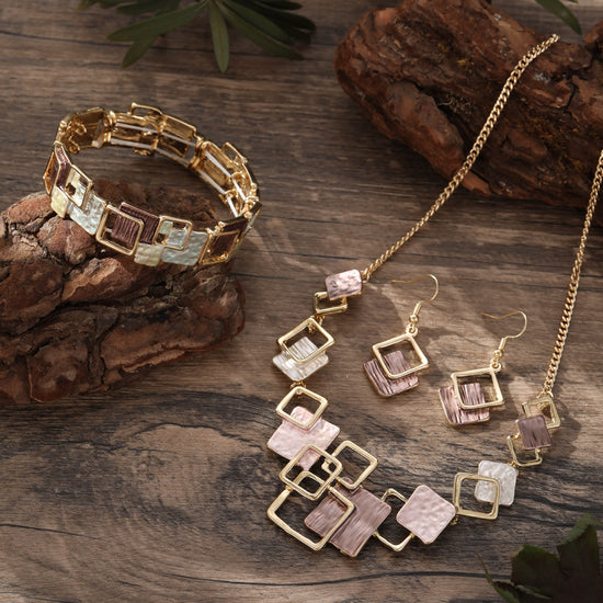 Geometric Inlay Earrings Necklace Bracelet Jewelry Set × 2 – Brown & Pink