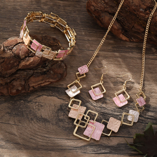 Geometric Inlay Earrings Necklace Bracelet Jewelry Set × 2 – Brown & Pink