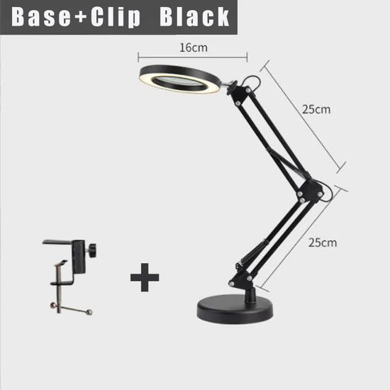 2-in-1 Black LED Magnifier Desk Lamp With Base and Clip - Hands-Free, Dimmable 3-Color Light for Crafts & Workbench
