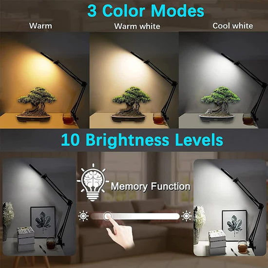 2-in-1 Black LED Magnifier Desk Lamp With Clip - Hands-Free, Dimmable 3-Color Light for Crafts & Workbench