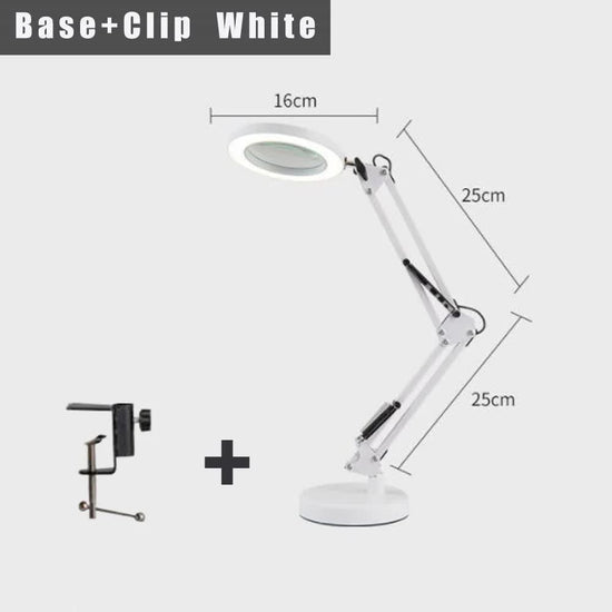 2-in-1 White LED Magnifier Desk Lamp With Base and Clip - Hands-Free, Dimmable 3-Color Light for Crafts & Workbench
