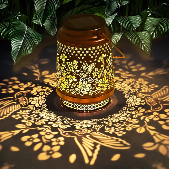 2-Pack Decorative Solar Hummingbird Lantern(11x11x17CM) - Waterproof Hanging Iron Art Outdoor Projection Light for Garden and Patio (Up to 12 Hrs Illumination)