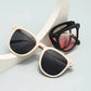 Ultra-Light Foldable TR Sunglasses for Women with Storage Bag - 15° Adjustable Temples & Premium Hinges, UV Protection (White Frame/Grey Lenses)