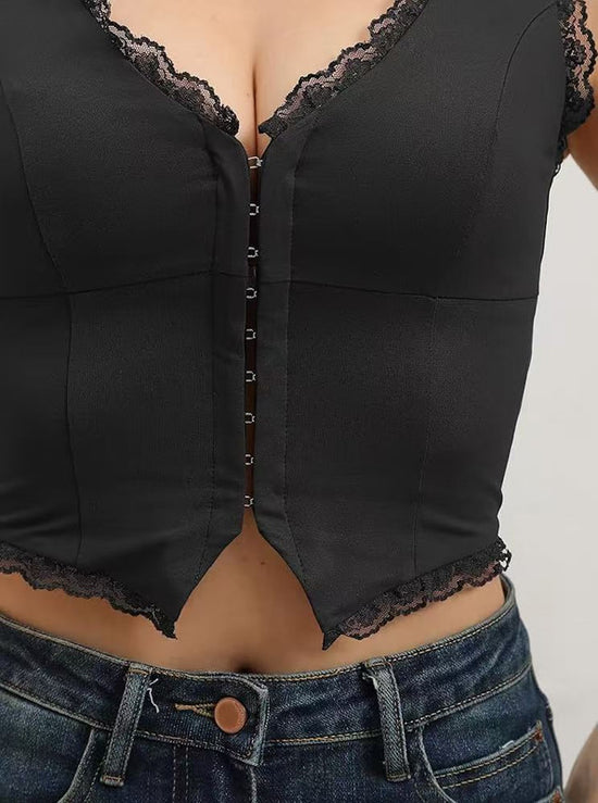 2-Pack Black French Vintage Lace Splice Camisole(L Size) - Slim Fit Halter Top with Back Detail and Button Placket