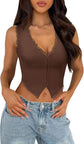 2-Pack Brown French Vintage Lace Splice Camisole(M Size) - Slim Fit Halter Top with Back Detail and Button Placket